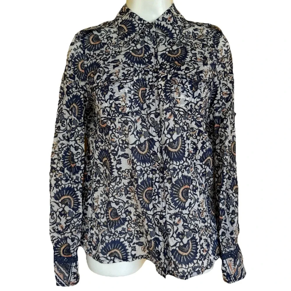 Tory Burch Blouse Cotton‎ Vines Floral Button Up Sz 2 Boho Hippie Festival